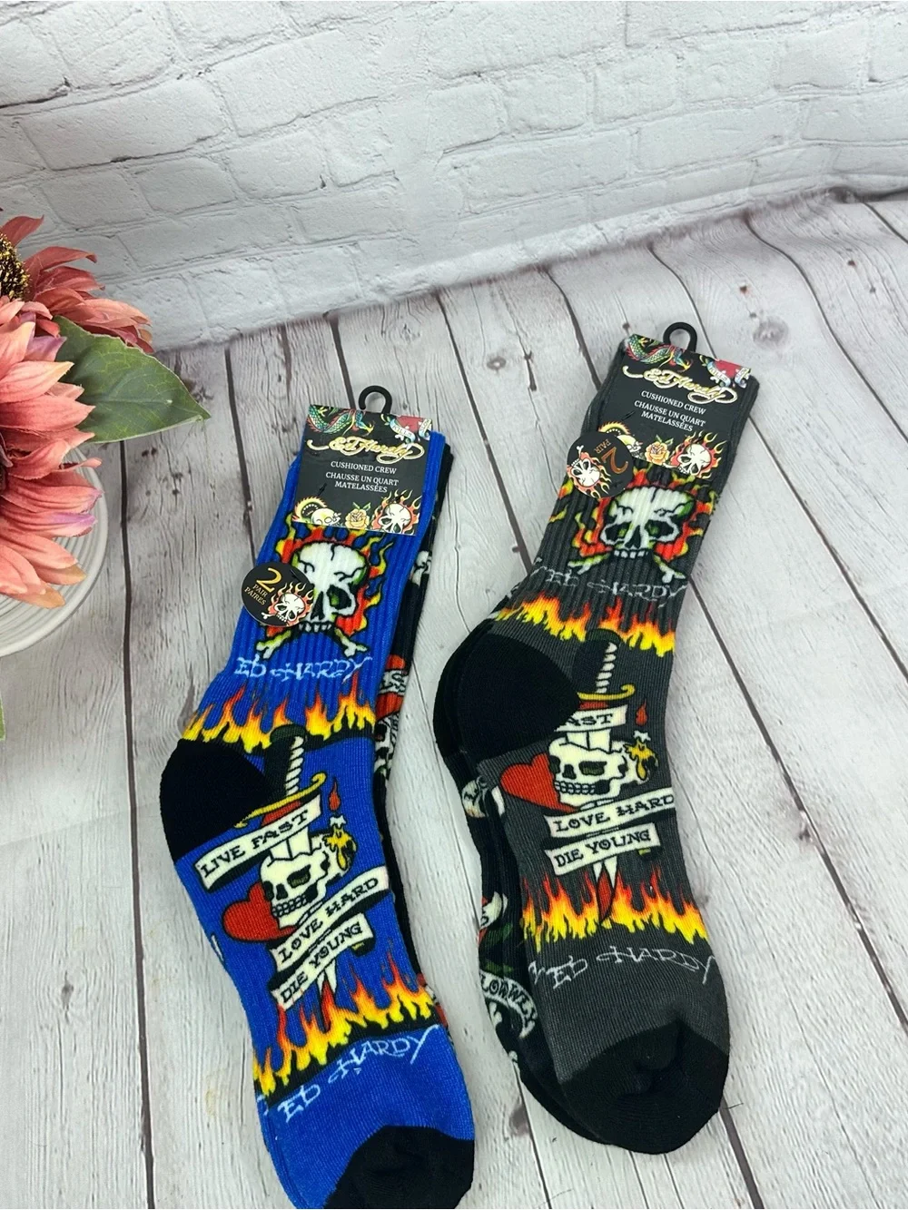 Ed Hardy Skull & Flames Crew Socks - Blue and Black